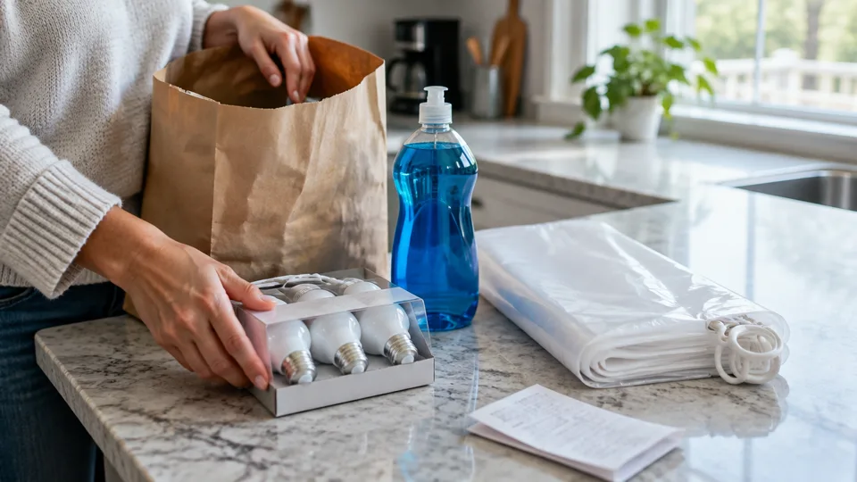 Supplies and a written checklist on a kitchen counter