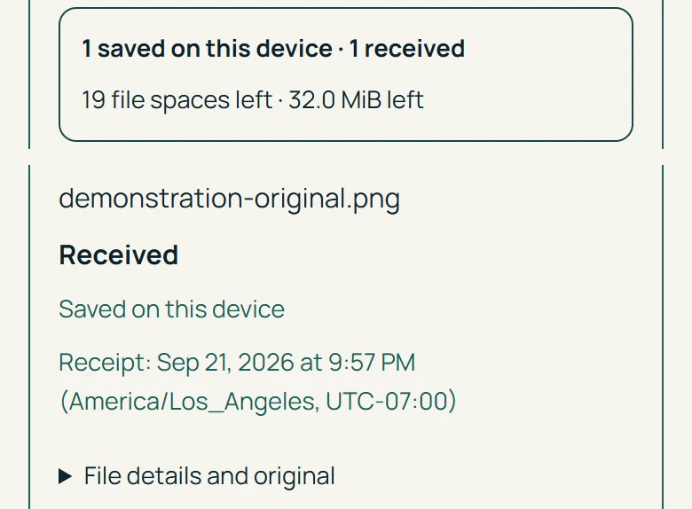 The cleaner page showing 1 saved on this device and 1 received, then a file row reading Received, Saved on this device and its receipt time