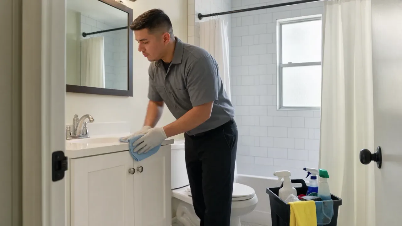 Illustrative bathroom check: a cleaner wiping a vanity and checking the faucet