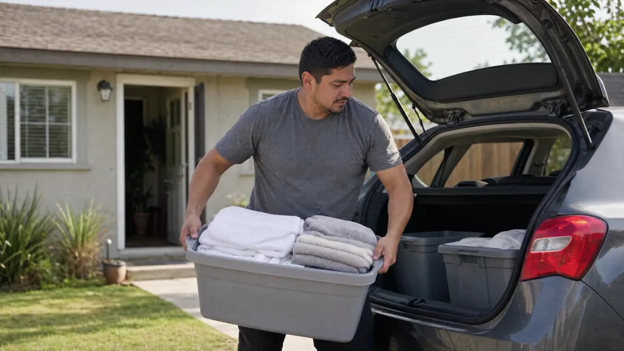 A cleaner unloading linens and supplies at the rental