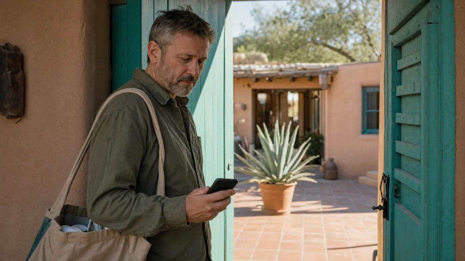 A host reads a platform notice on his phone at the casita door