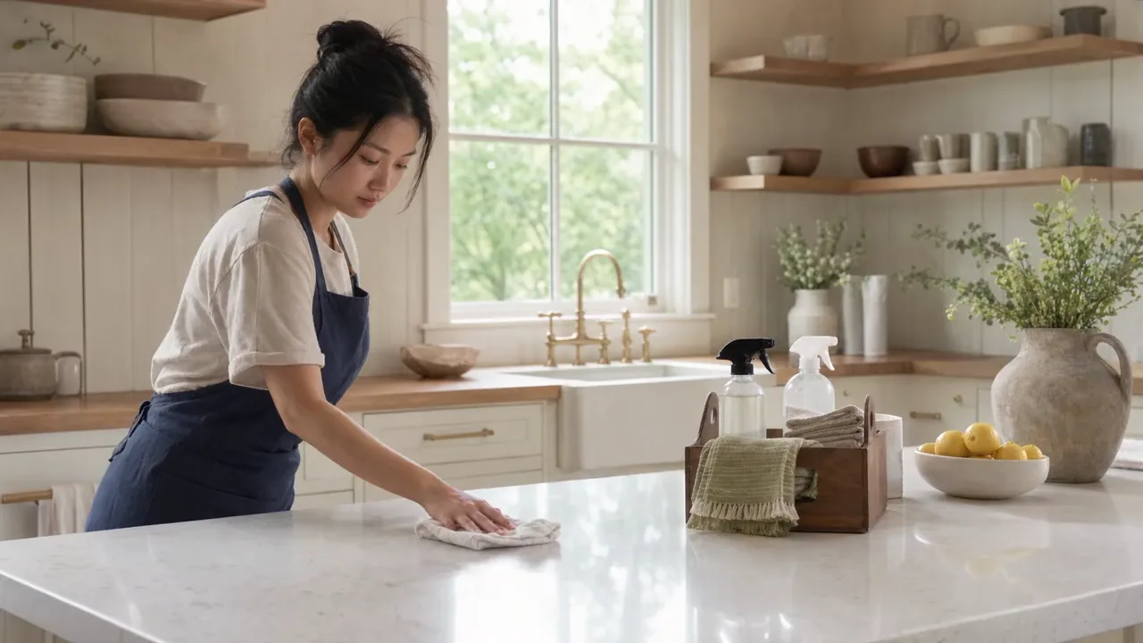 A cleaner wiping the kitchen counter