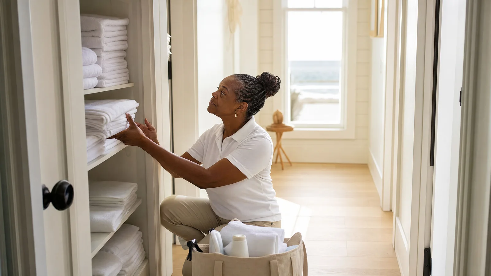 A cleaner restocks the linen closet before the handoff