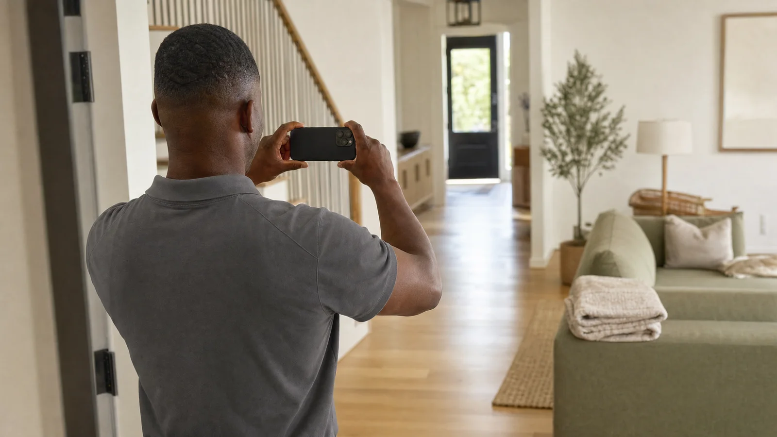 A man photographs the main room on his phone for the condition record