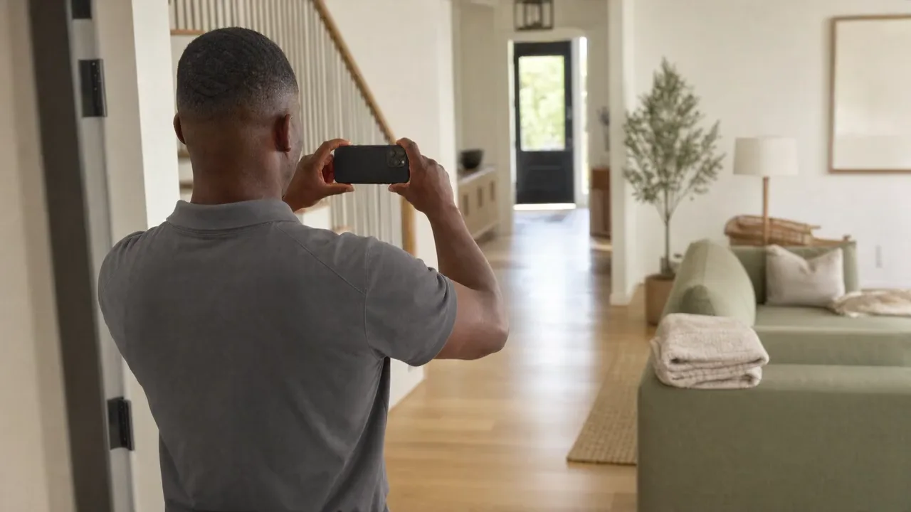 A cleaner photographing a rental room