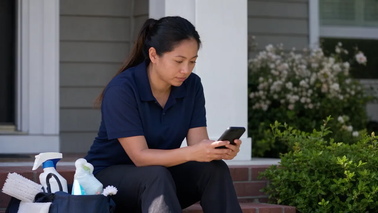 A cleaner on the front steps of a house checking a phone