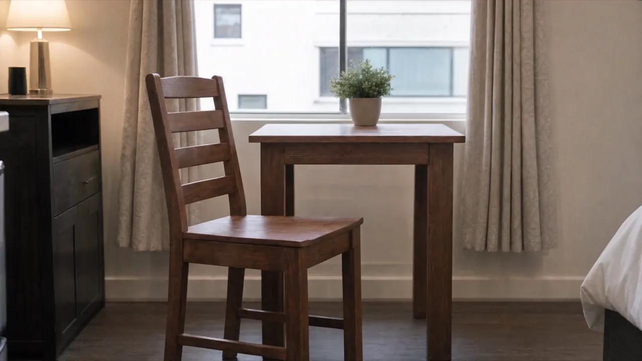 A dining table and chair by the window, photographed for the record