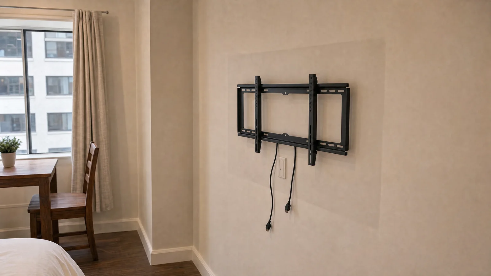 A missing television mount in a rental living room