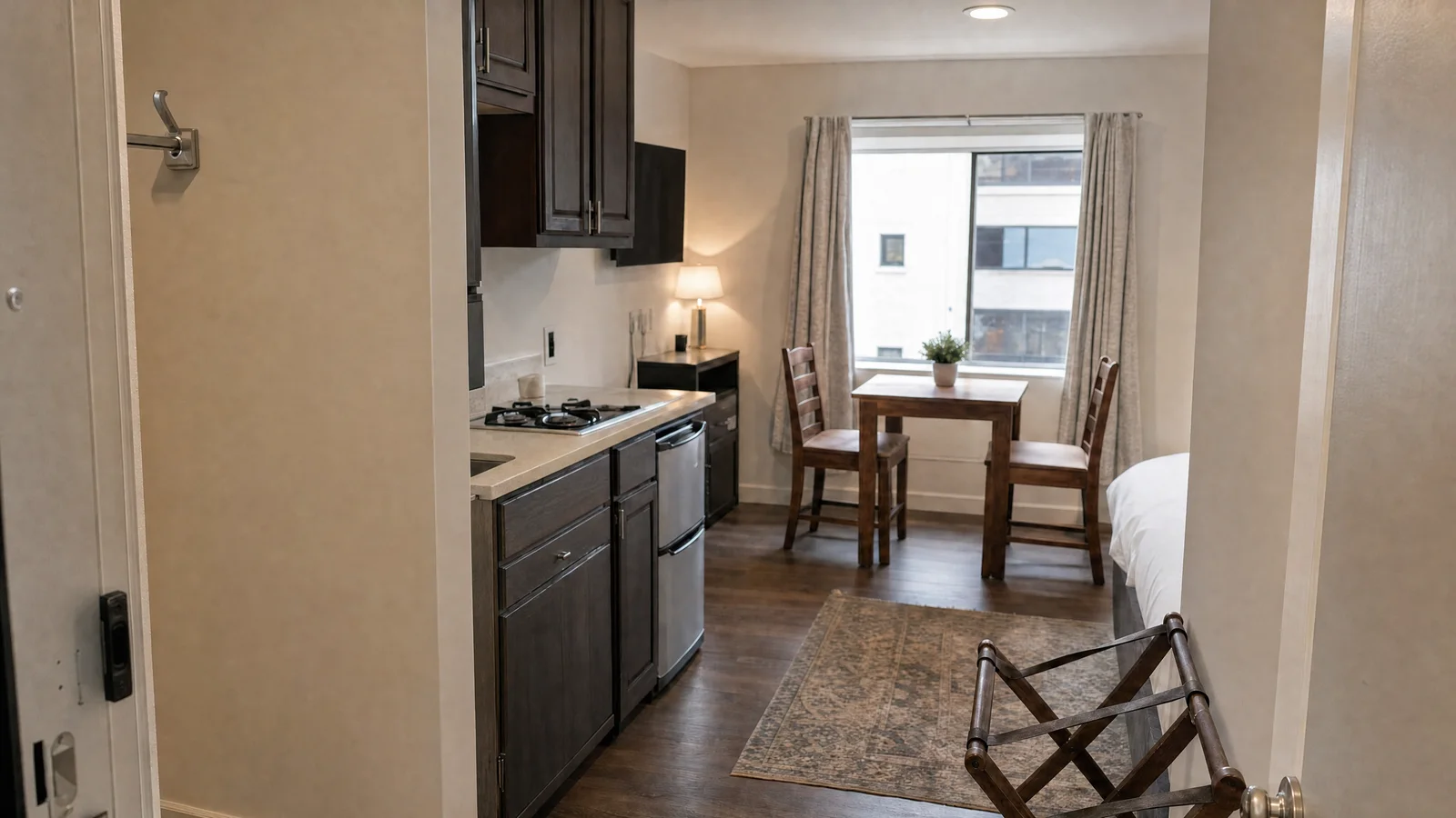 The main room of a city rental, photographed for the condition record