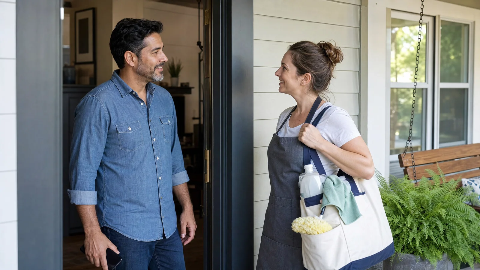 A host and cleaner meeting at the front door
