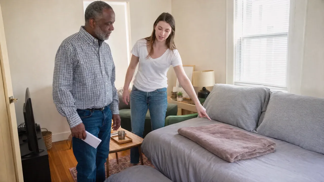 Illustrative handoff review: a host and a co-host checking a sofa bed together
