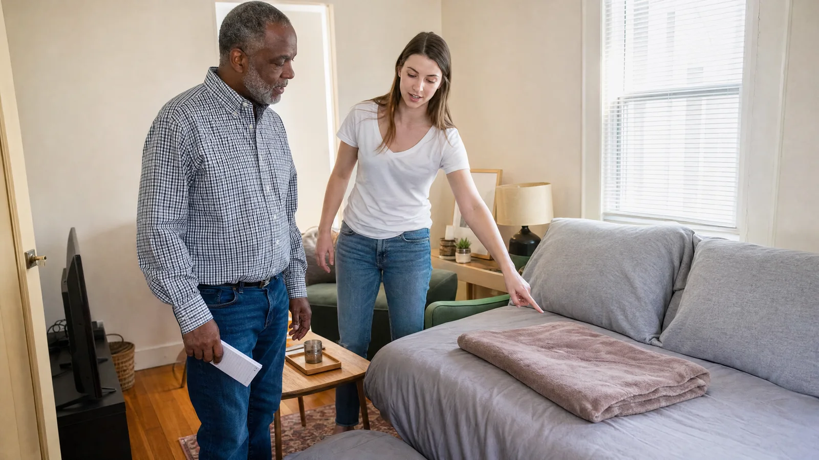 Two hosts reviewing a sofa bed