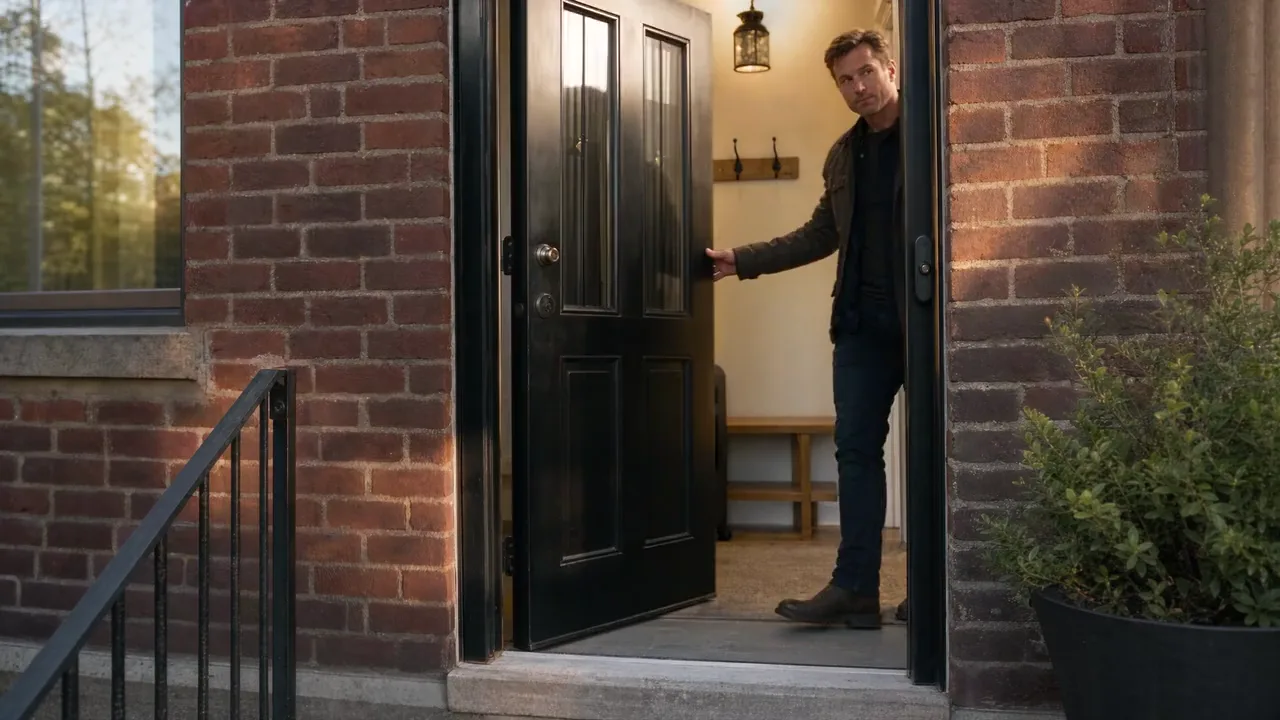A host at the front door of a brick rowhouse after a stay