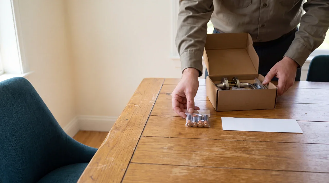 A repair receipt beside a box of hardware