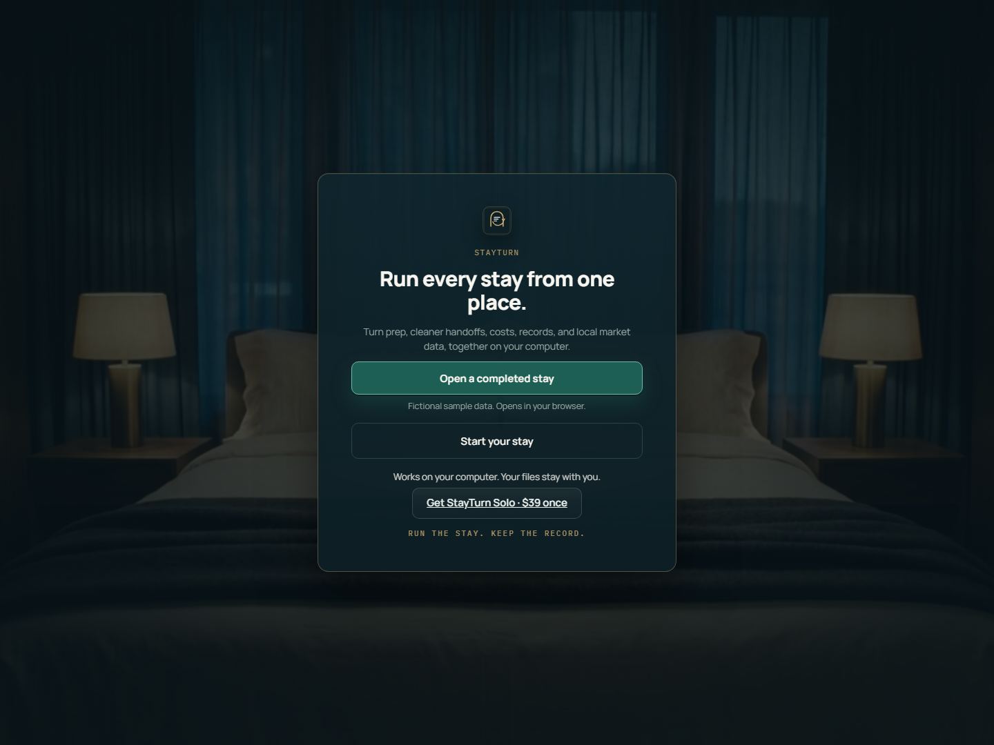StayTurn entry screen: Run every stay from one place, with Open a completed stay and Start your stay actions